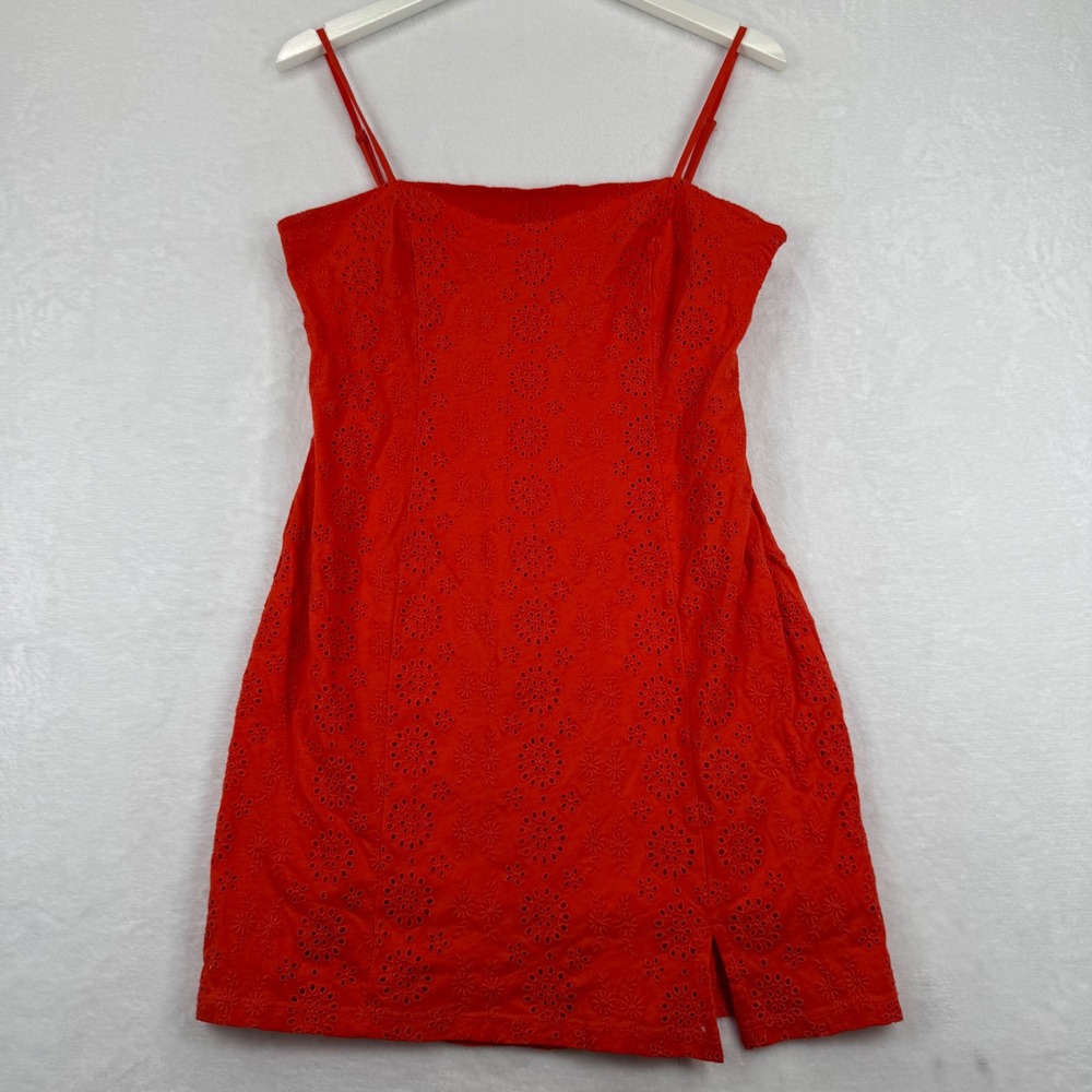 Desigual Red Floral Eyelet Mini Dress 23WWVKXA Size L Cotton Spaghetti Strap